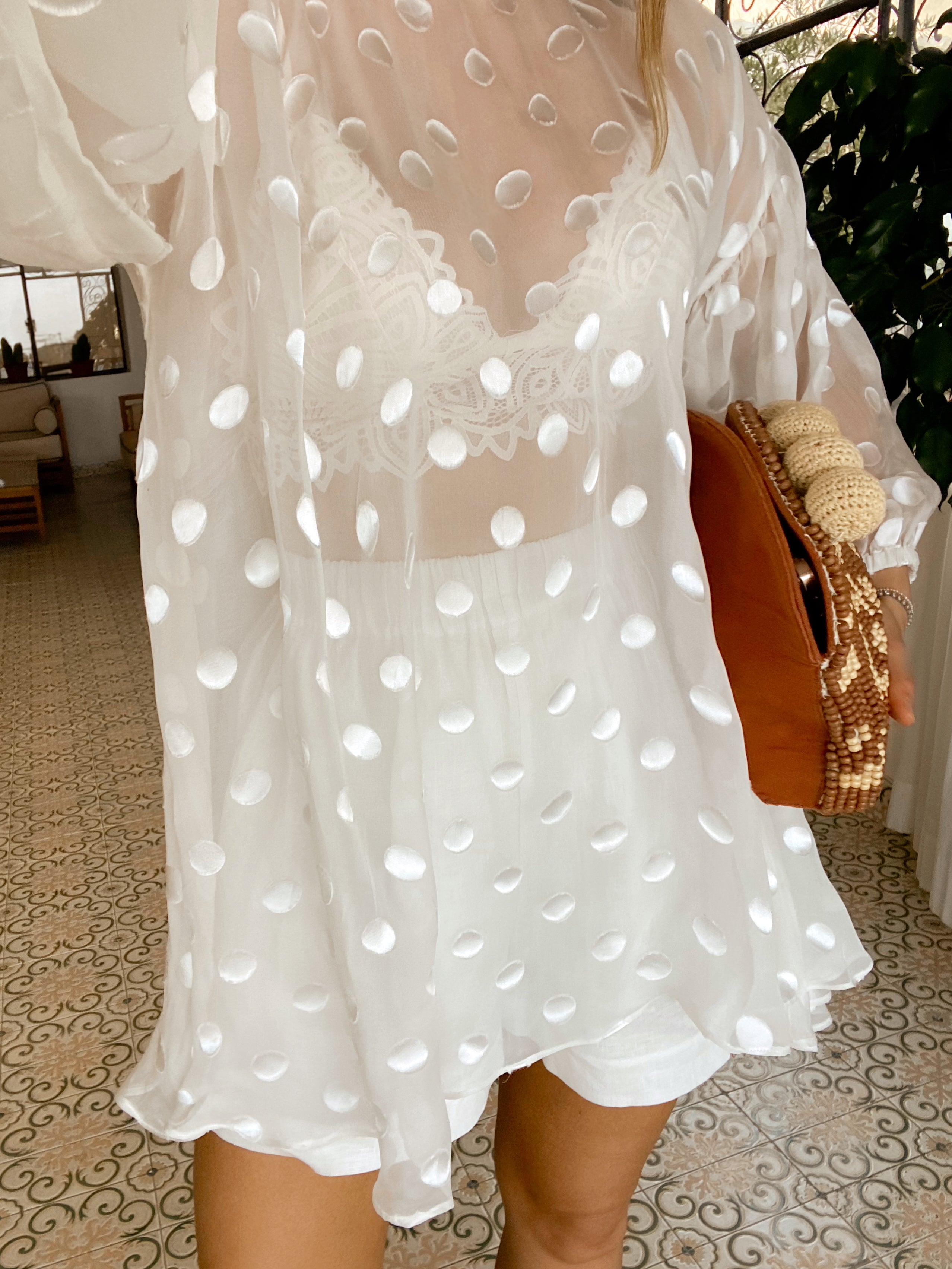 chinese dress ladies Sheer Polka Dot Lace Trim Flare Sleeve Top
