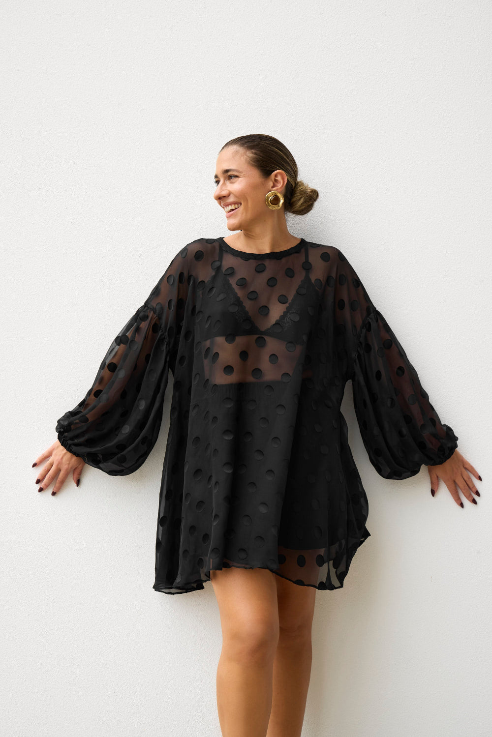 Sheer Spot Balloon Sleeve Blouse