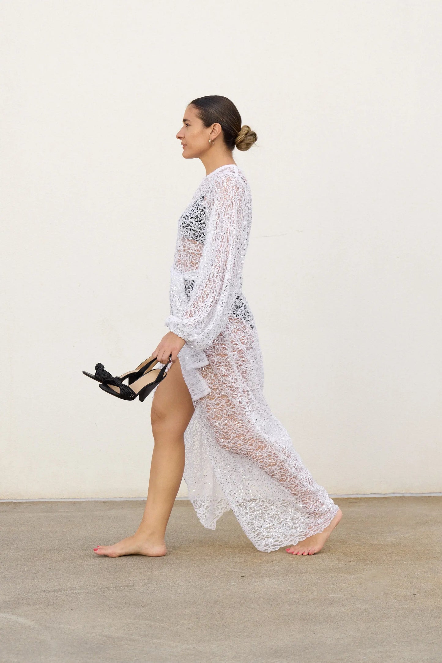 Sheer Sequin Balloon Sleeve Shift Isabella Longginou