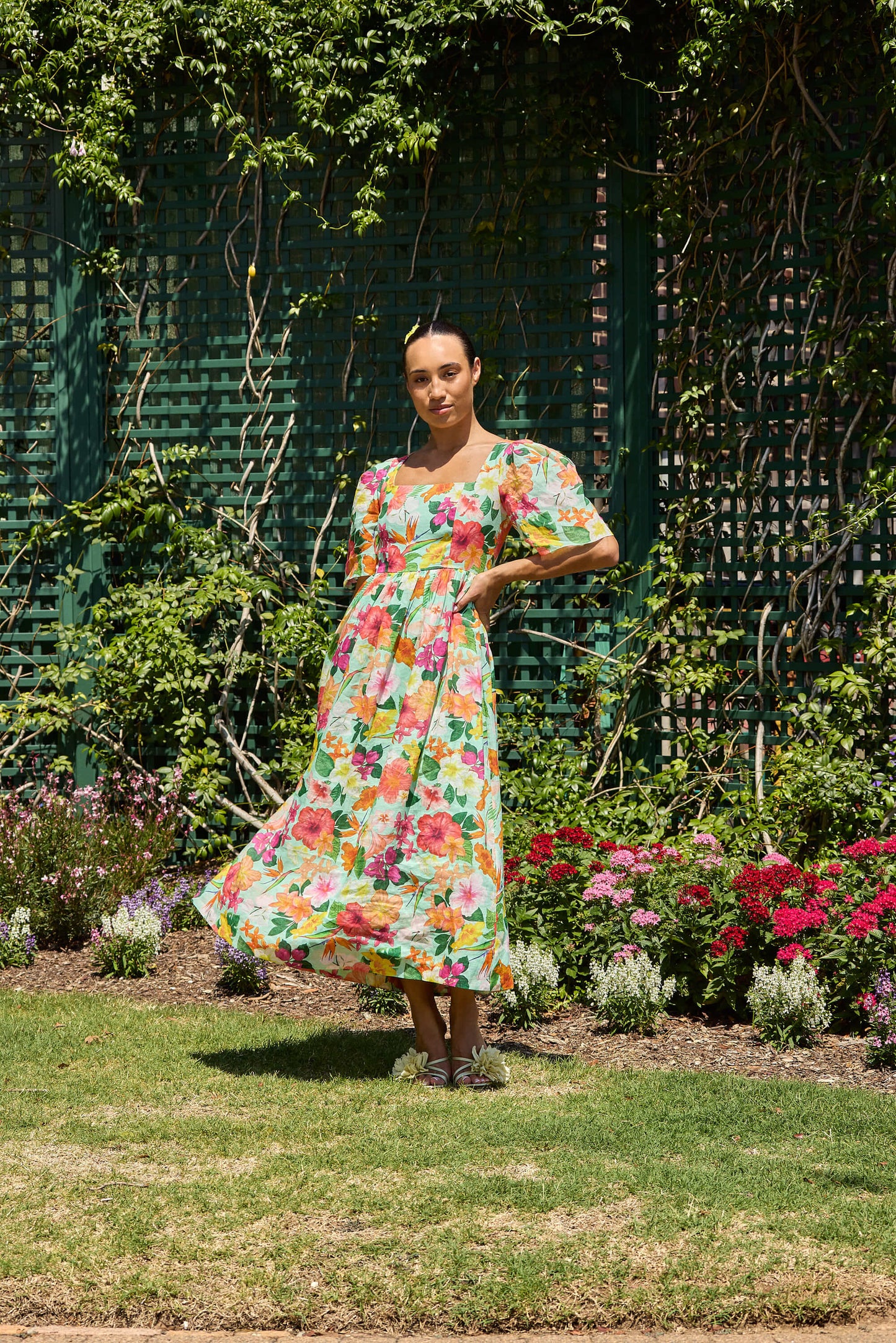 Hibiscus Pleated Sleeve Gathered Dress Isabella Longginou