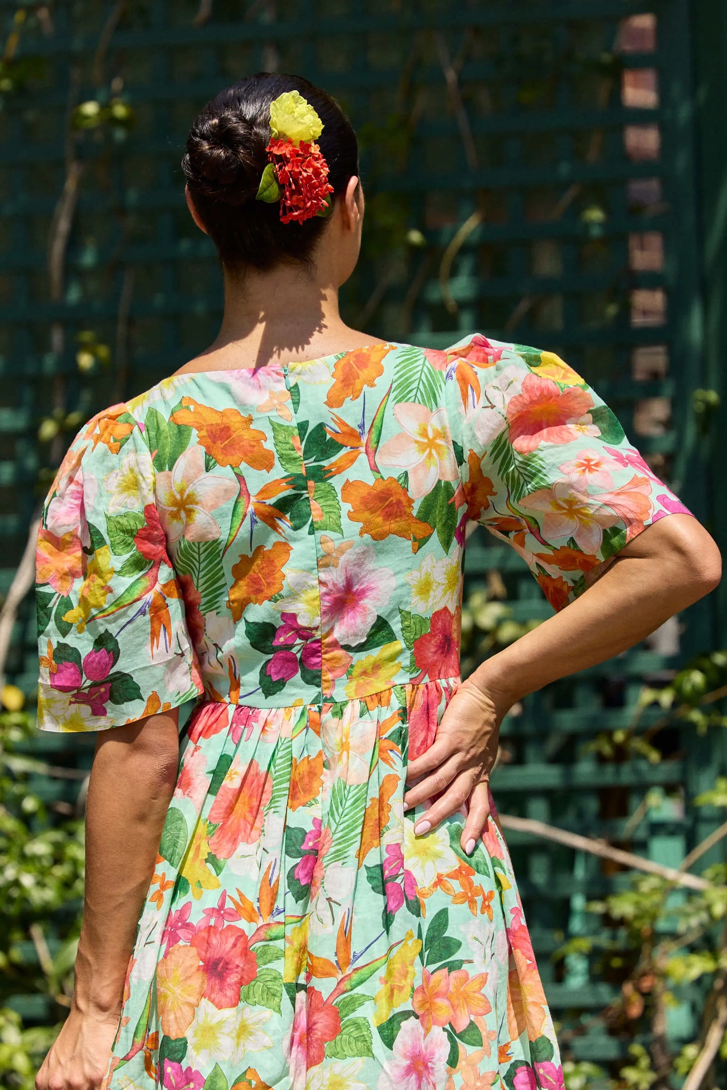 Hibiscus Pleated Sleeve Gathered Dress Isabella Longginou