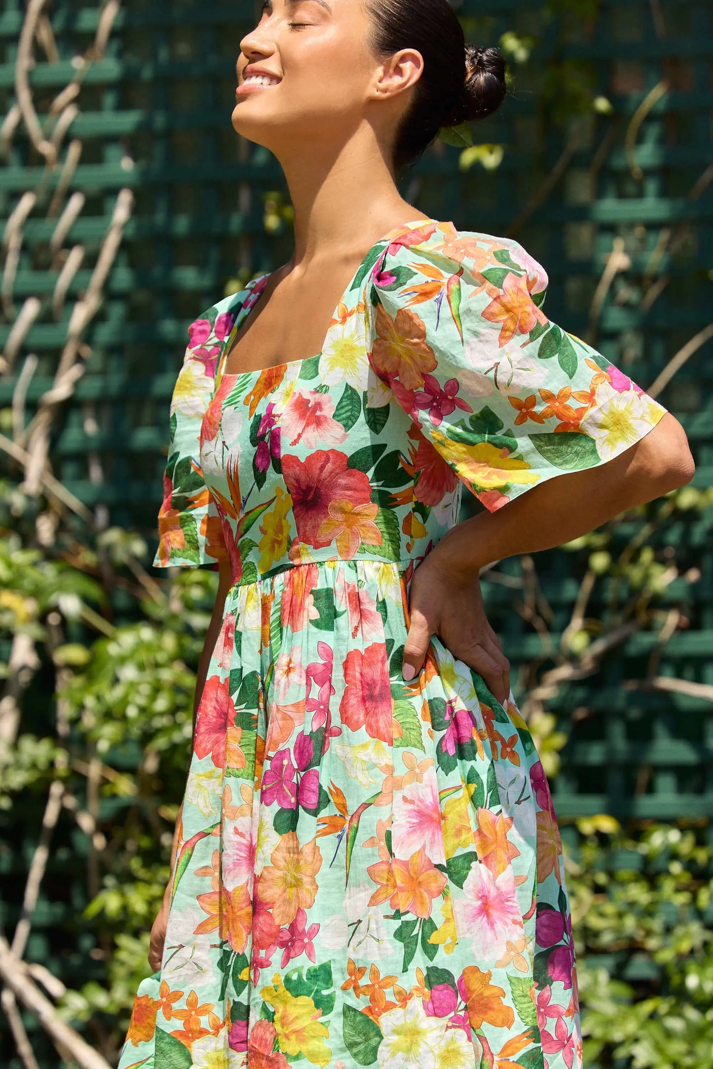 Hibiscus Pleated Sleeve Gathered Dress Isabella Longginou