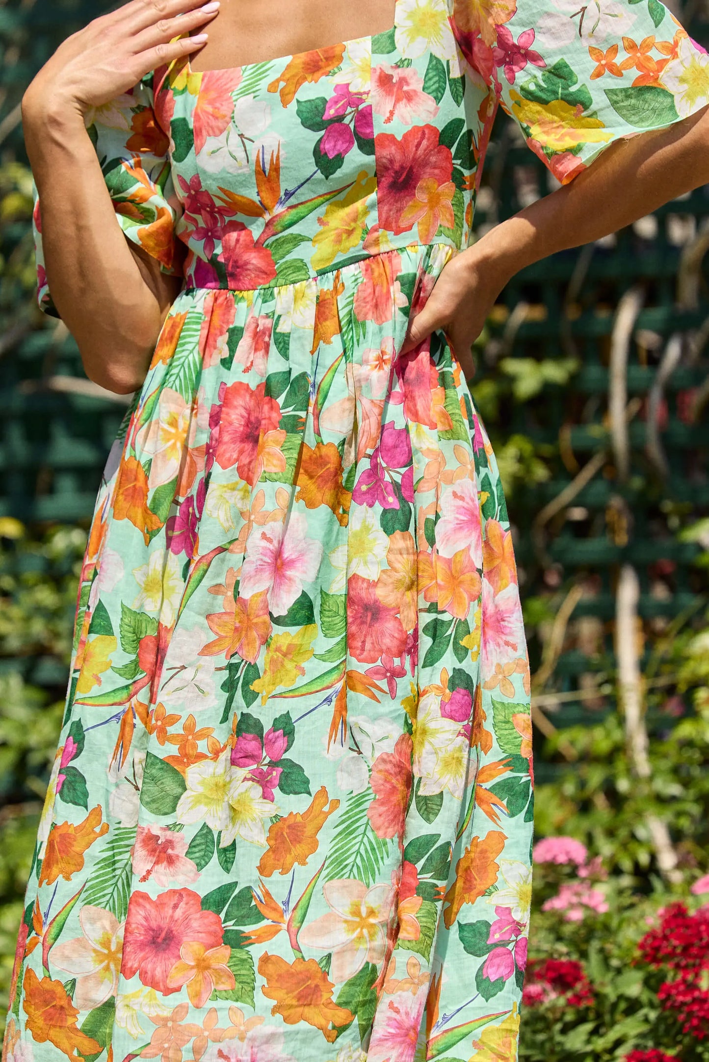 Hibiscus Pleated Sleeve Gathered Dress Isabella Longginou