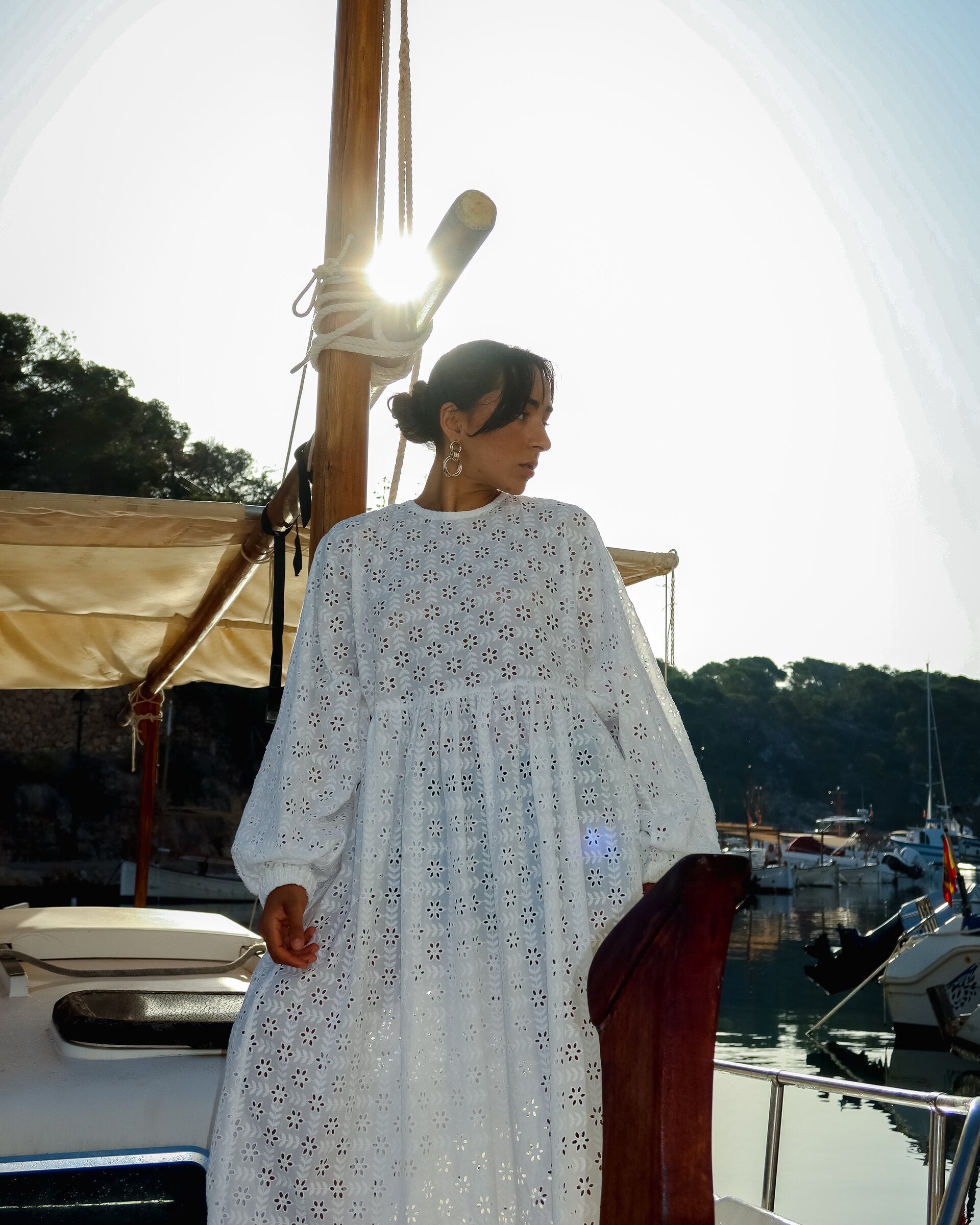 Broderie Balloon Sleeve Gathered Dress - Isabella Longginou