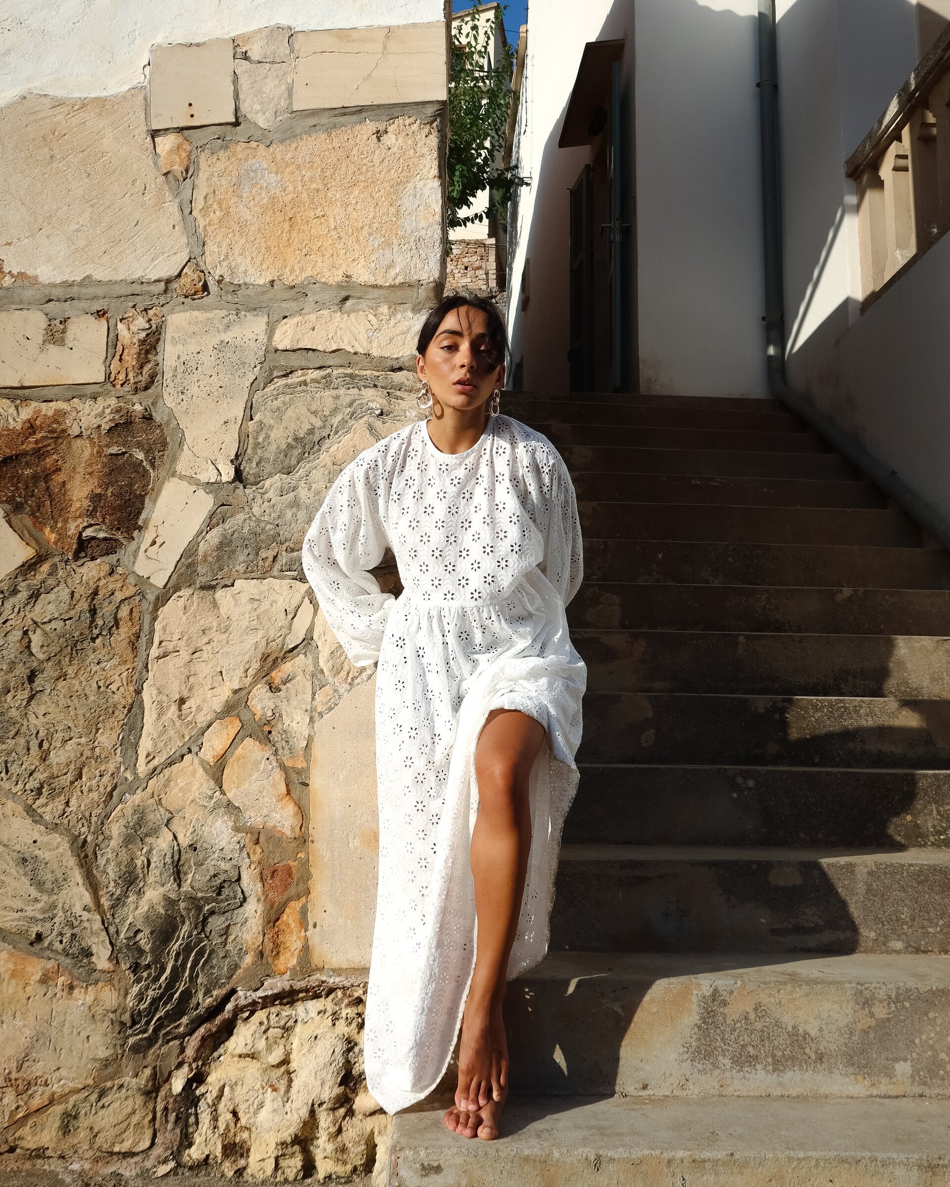 Broderie Balloon Sleeve Gathered Dress - Isabella Longginou