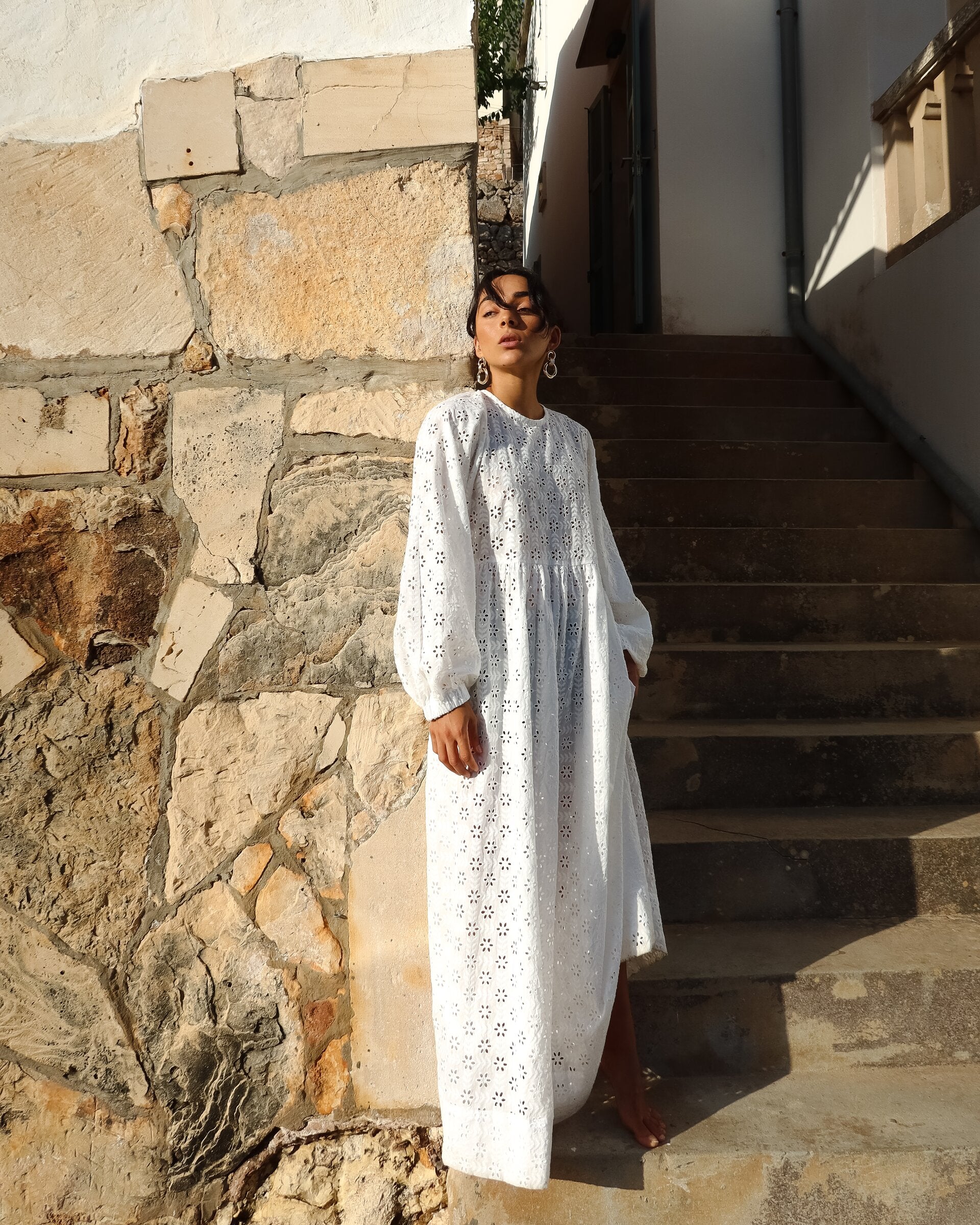 Broderie Balloon Sleeve Gathered Dress - Isabella Longginou