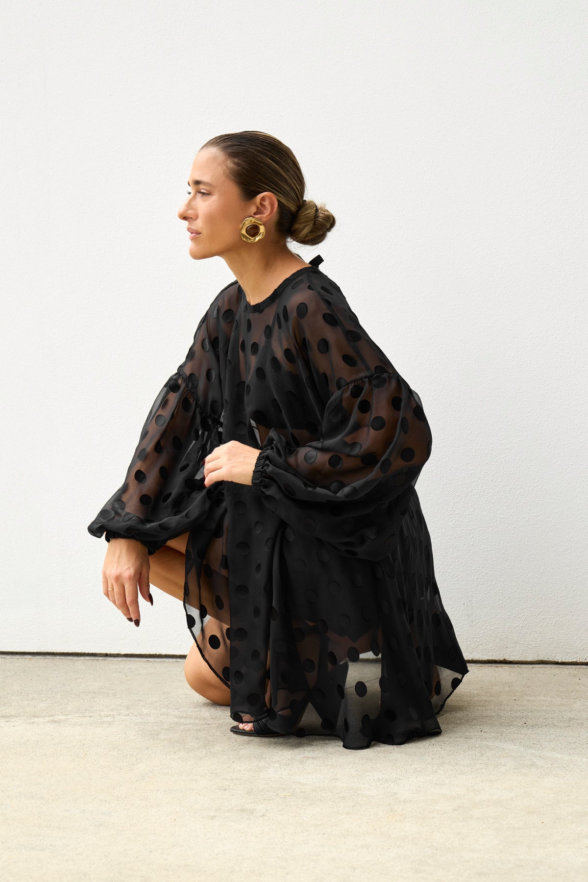 Black  - Sheer Silk Spot Balloon Sleeve Blouse