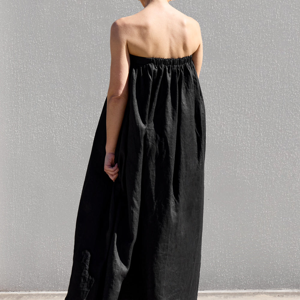 Black Strapless Gathered Dress