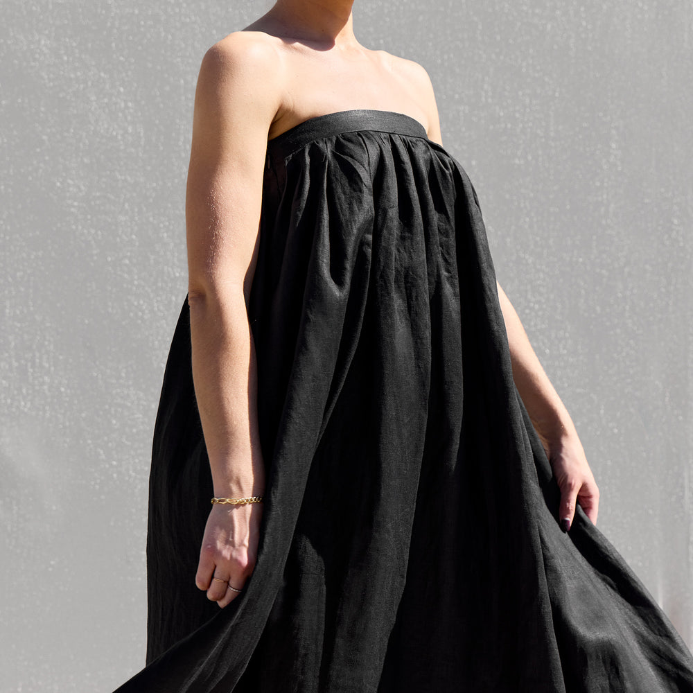 
                      
                        Black Strapless Gathered Dress
                      
                    