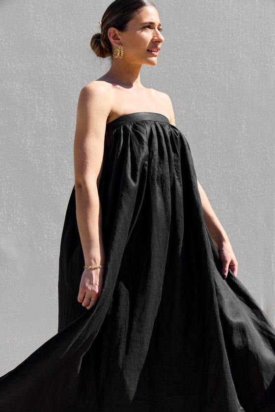 Black Strapless Gathered Dress