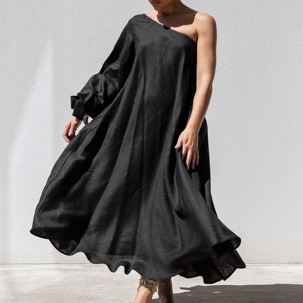 Black Balloon Sleeve Swing Dress