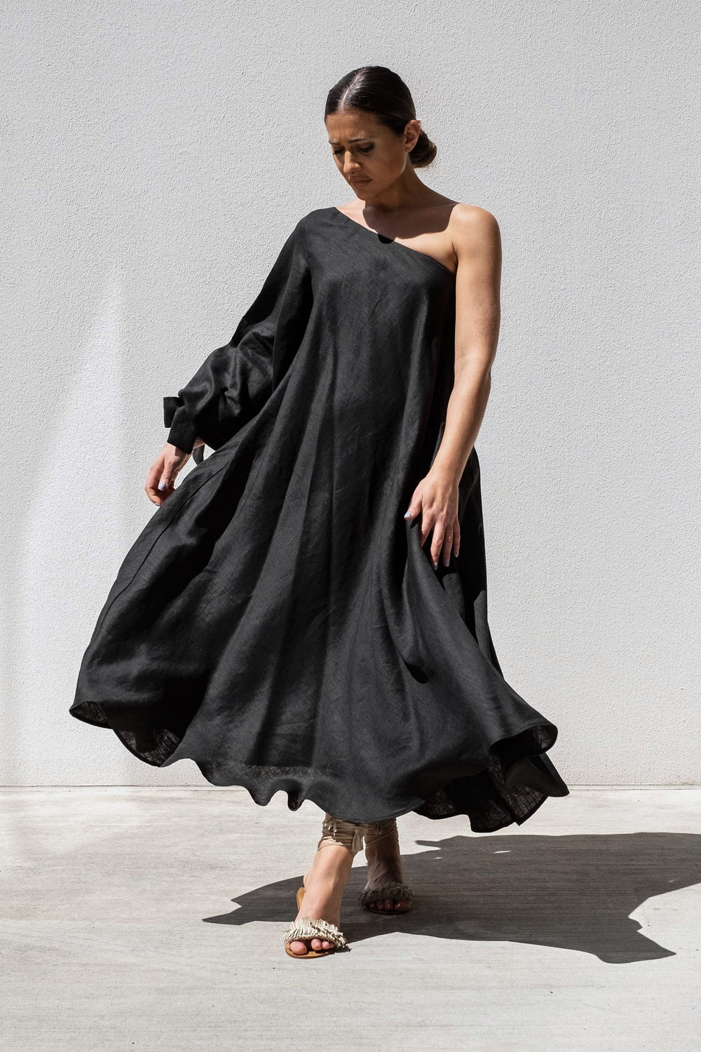 Black Balloon Sleeve Swing Dress