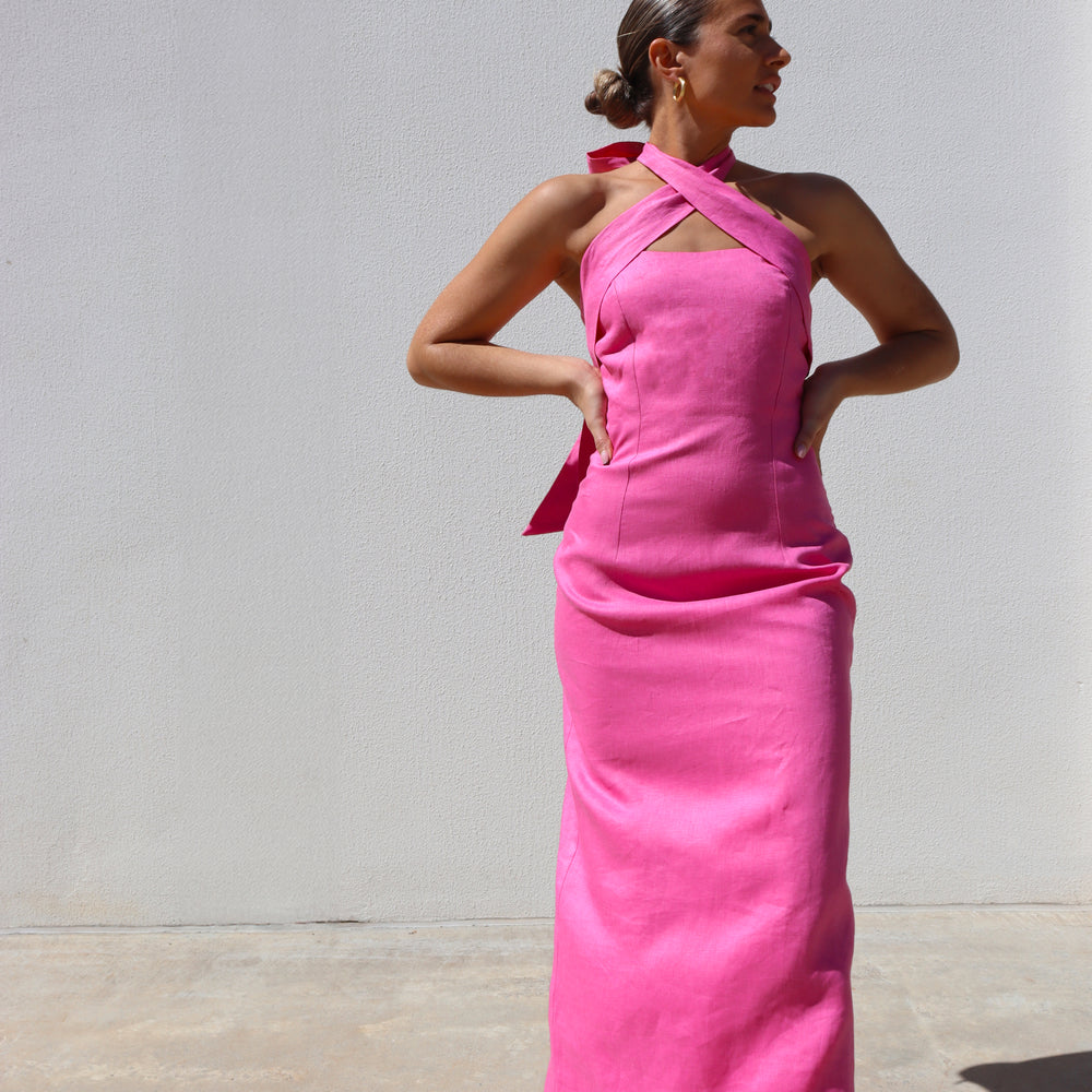 
                      
                        Pink Halter Pencil Dress
                      
                    