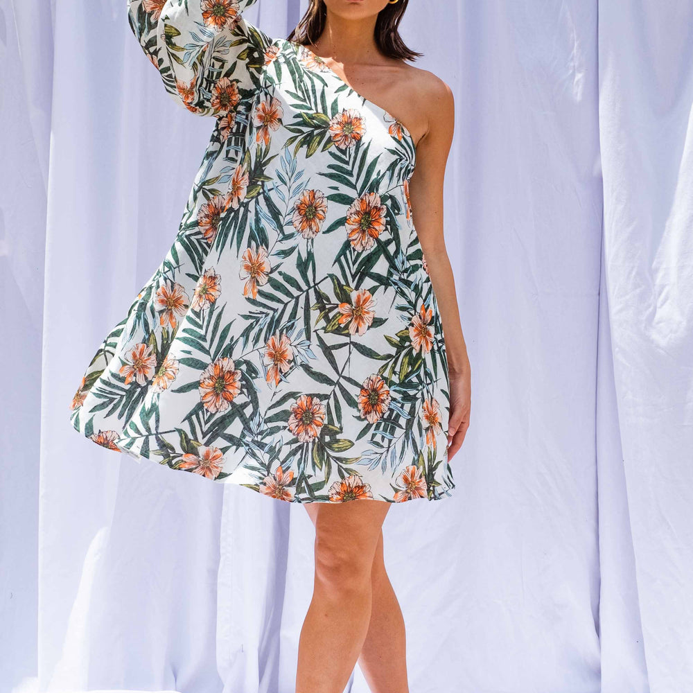 Woman wearing Palm Balloon Sleeve Swing Dress by Isabella Longginou. She is standing in front of a white background with one arm above her head.