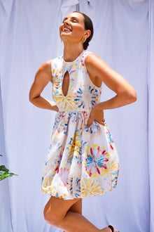  Woman wearing Tie Dye Bubble Mini Dress by Australian designer Isabella Longginou. 