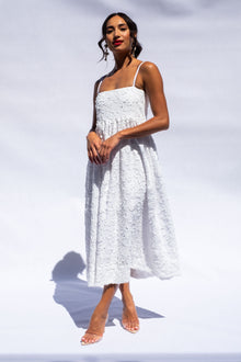 White Textured Drop Waist Dress